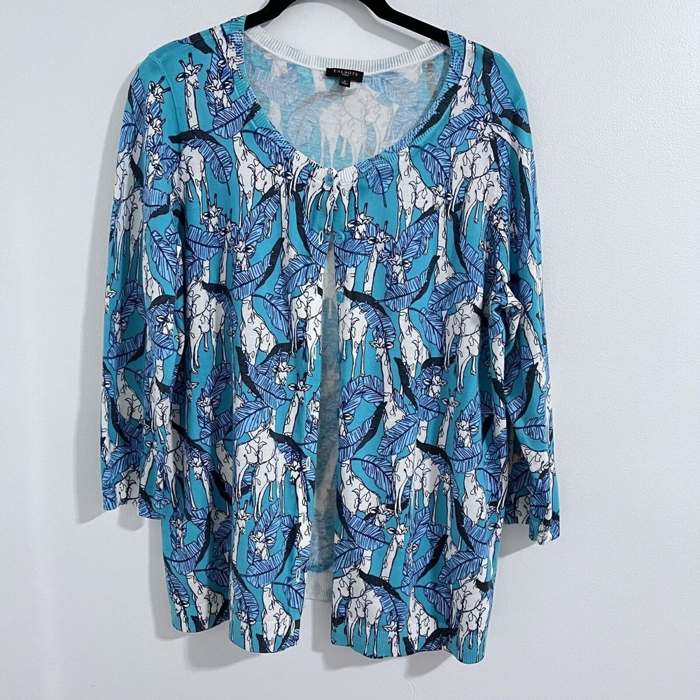 Talbots Teal Blue Novelty Cardigan Sweater Size X Giraffe Print Palms Business